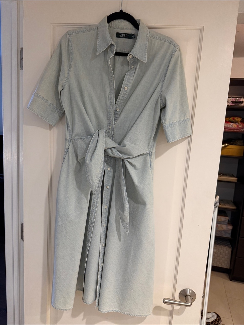 Lauren Ralph Lauren Light Wash Tie-Front Shirt Midi Dress